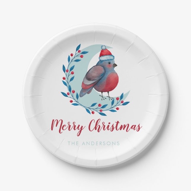 Plato De Papel Navidades De Acuarela Personalizados Bird On Moon  (Anverso)