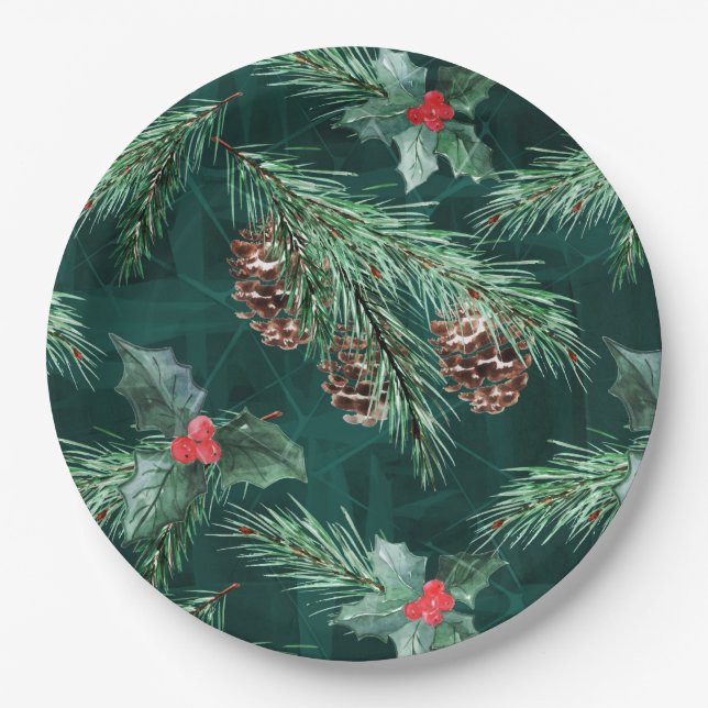 Plato De Papel Navidades de acuarela picar con conos (Anverso)