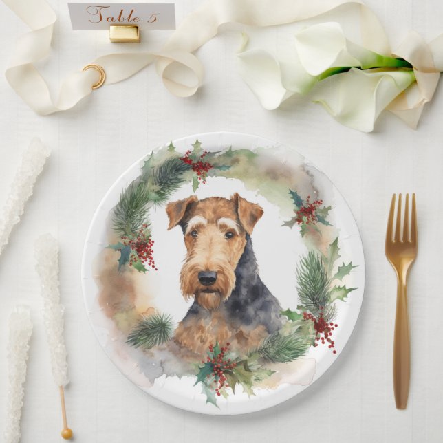 Plato De Papel Navidades de Airedale Wreath Festive Pup (Boda)