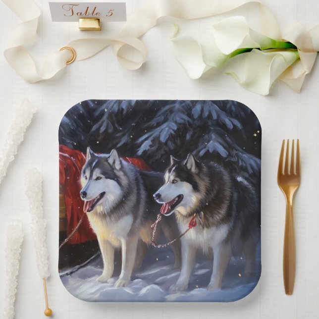 Plato De Papel Navidades de Alaskan Malamute Snowy Sleigh Ride (Boda)