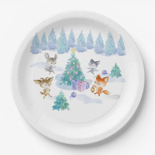 Plato De Papel Navidades de animales del bosque bailando acuarela