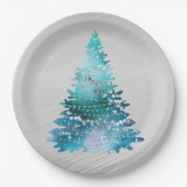 Plato De Papel Navidades de árbol de Purpurina plateado Verde azu