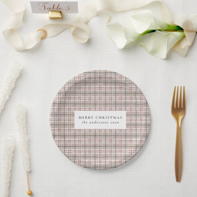 Plato De Papel Navidades de Beige Tartan Plaid (Boda)