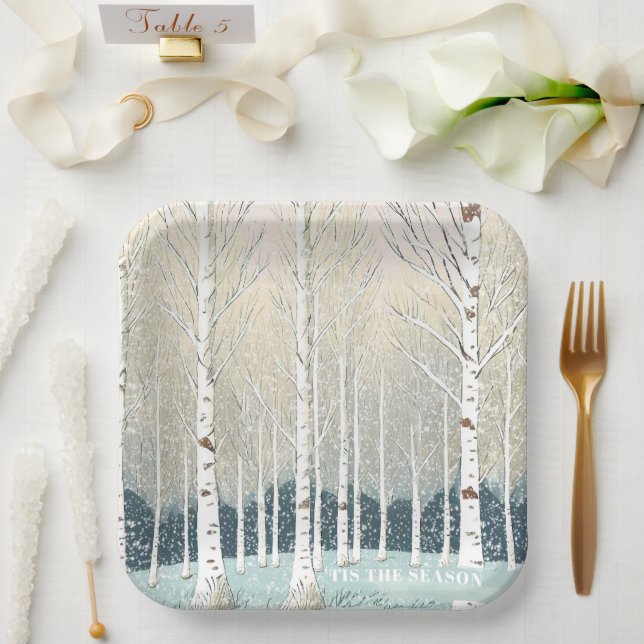 Plato De Papel Navidades de Birch Trees Snowy  ID1003 Verde azula (Boda)