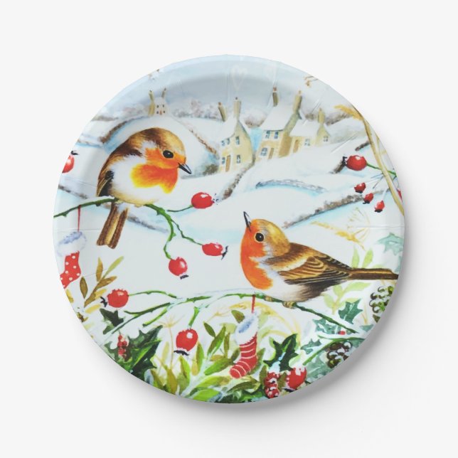 Plato De Papel Navidades de Bird Robin Couple Winter Holly (Anverso)