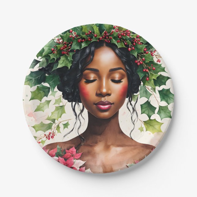 Plato De Papel Navidades de Black Woman Holly Poinsettia Art (Anverso)