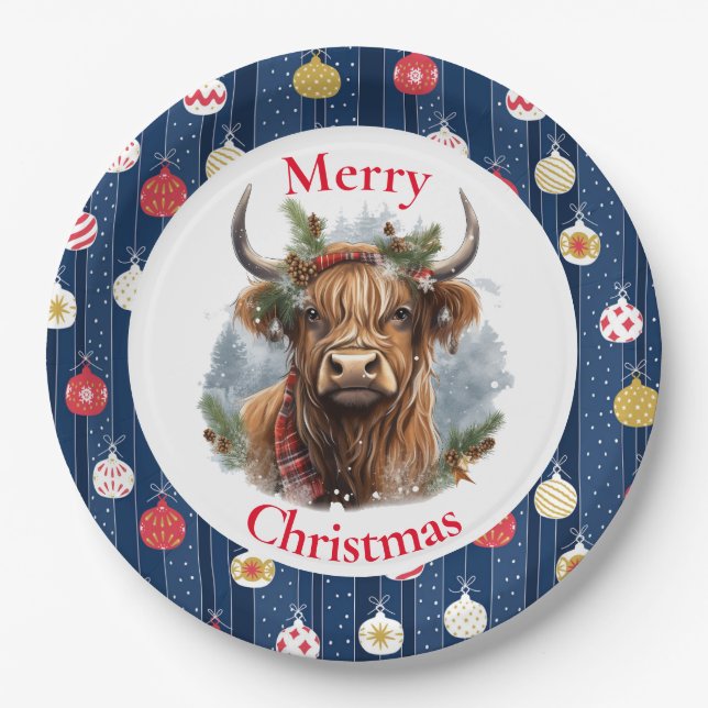 Plato De Papel Navidades de Blue Baulables Highlander Cow (Anverso)