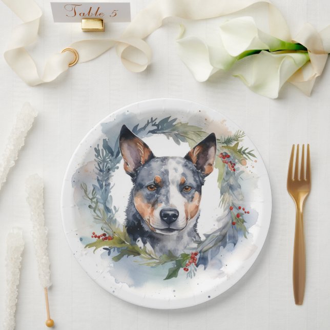 Plato De Papel Navidades de Blue Heeler Wreath Festimes Pup (Boda)