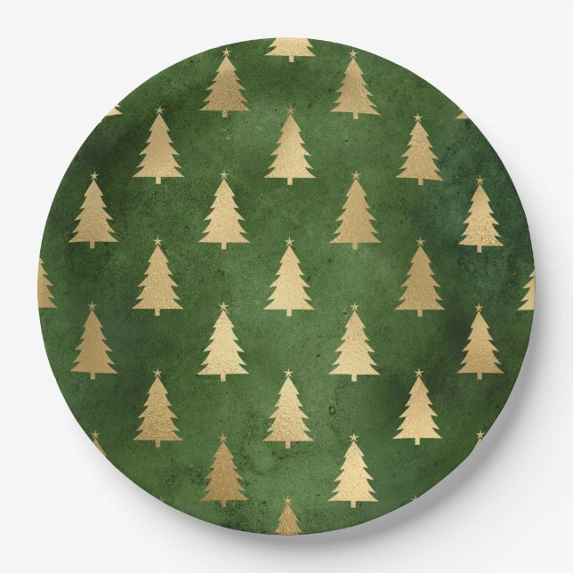 Plato De Papel Navidades de Boho Green Gold Trees (Anverso)