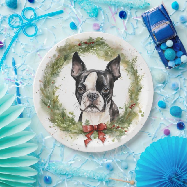 Plato De Papel Navidades de Boston Terrier en la fiesta (Fiesta)