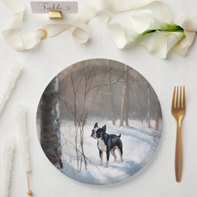 Plato De Papel Navidades de Boston Terrier Let It Snow (Boda)