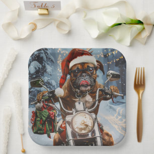 Plato De Papel Navidades de Boxer Dog Riding en motocicleta