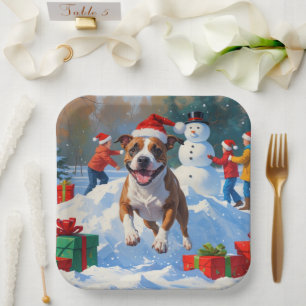 Plato De Papel Navidades de Bull Terrier celebran escena de nieve