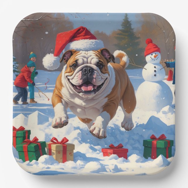 Plato De Papel Navidades de bulldog celebran escena de nieve (Anverso)