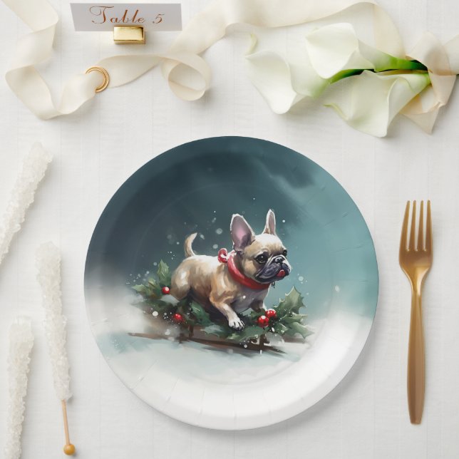 Plato De Papel Navidades de Bulldog franceses nevan el invierno (Boda)
