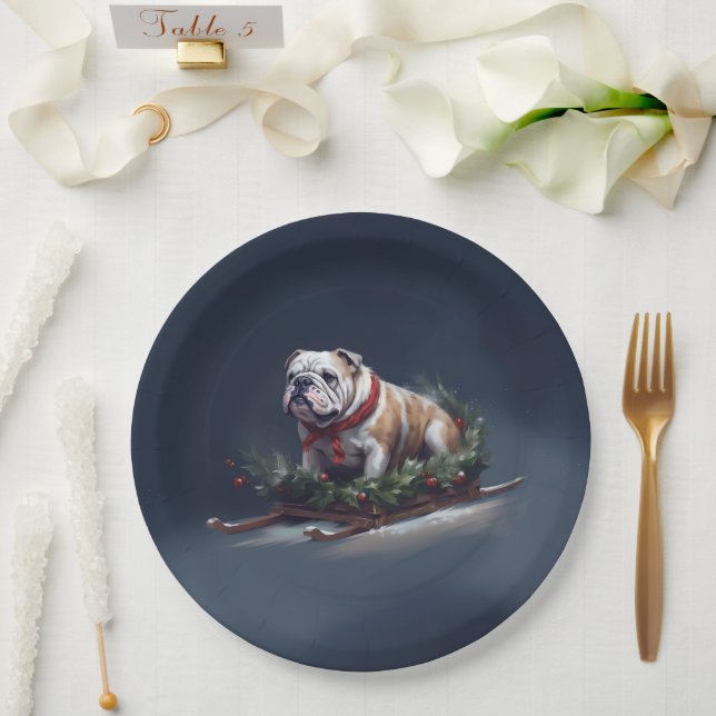 Plato De Papel Navidades de bulldog nevan invierno (Boda)