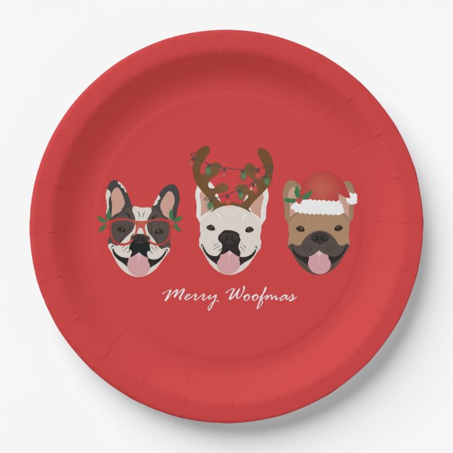 Plato De Papel Navidades de Bulldoges franceses de Merry Woofmas (Anverso)