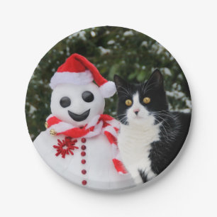 Plato De Papel Navidades de Cat y Santa Snowman, divertida Fiesta