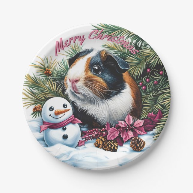 Plato De Papel Navidades de cerdo y snowman de Guinea (Anverso)