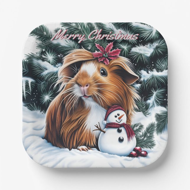 Plato De Papel Navidades de cerdo y snowman de Guinea (Anverso)