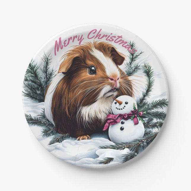 Plato De Papel Navidades de cerdo y snowman de Guinea (Anverso)