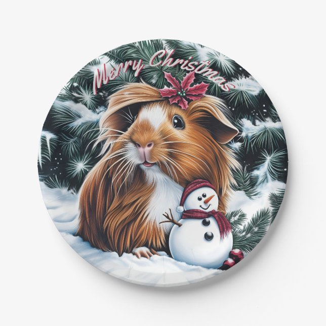 Plato De Papel Navidades de cerdo y snowman de Guinea (Anverso)
