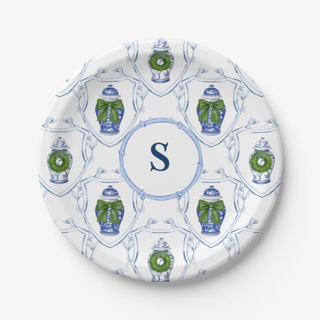 Plato De Papel Navidades de Chinoiserie Ginger Jars Monogramed (Anverso)