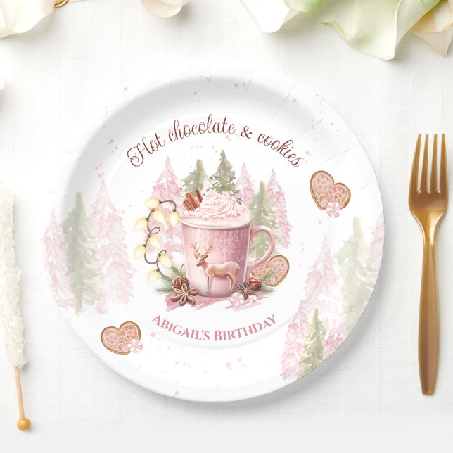 Plato De Papel Navidades de chocolate caliente rosado Placas de p (Pink Hot Chocolate Christmas Birthday Paper Plates)