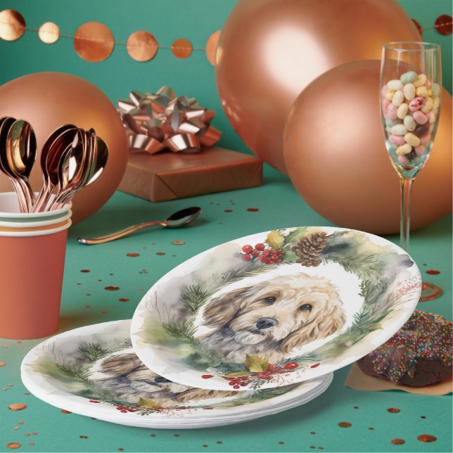 Plato De Papel Navidades de Cockapoo Cachorro festivo (Multi)