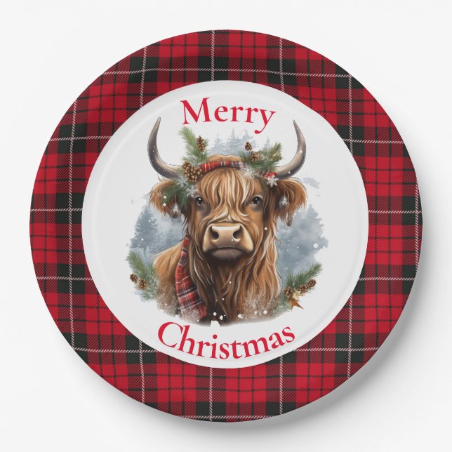 Plato De Papel Navidades de control rojo Highlander Cow (Anverso)