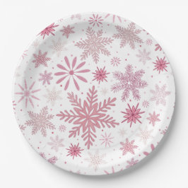 Plato De Papel Navidades de copos de nieve rosa suave