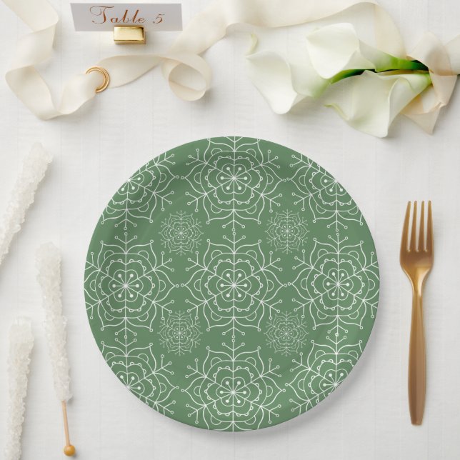 Plato De Papel Navidades de copos de nieve verdes y blancos Placa (Boda)