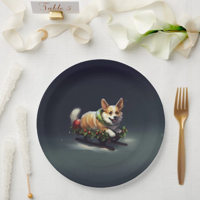 Plato De Papel Navidades de Corgi nevan invierno (Boda)