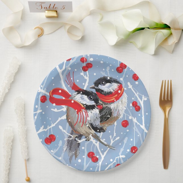 Plato De Papel Navidades de Cuddling Chickadees | Azul/Rojo (Boda)