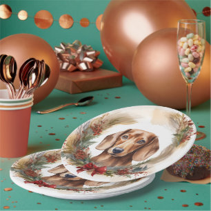 Plato De Papel Navidades de Dachshund en un grupo festivo