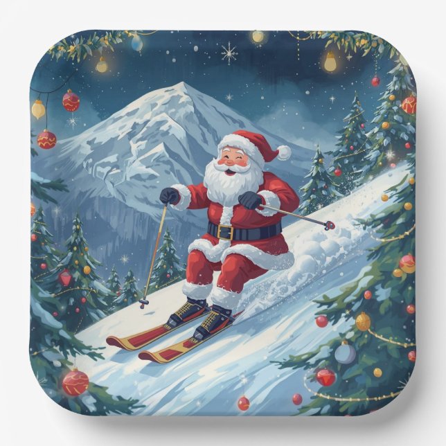 Plato De Papel Navidades de esquí con Santa Claus en la montaña (Anverso)