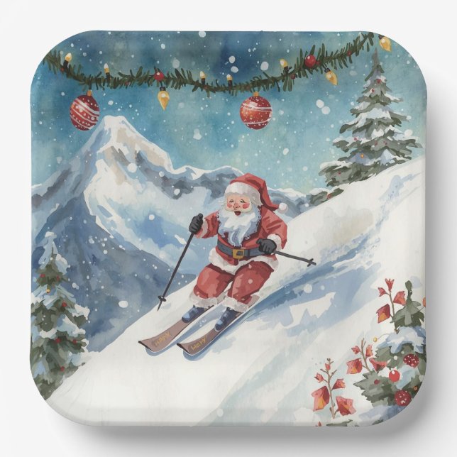 Plato De Papel Navidades de esquí con Santa Claus en la montaña (Anverso)