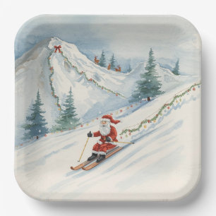Plato De Papel Navidades de esquí con Santa Claus en la montaña