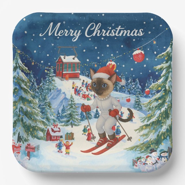 Plato De Papel Navidades de esquí para gatos de Santa Siamese que (Anverso)