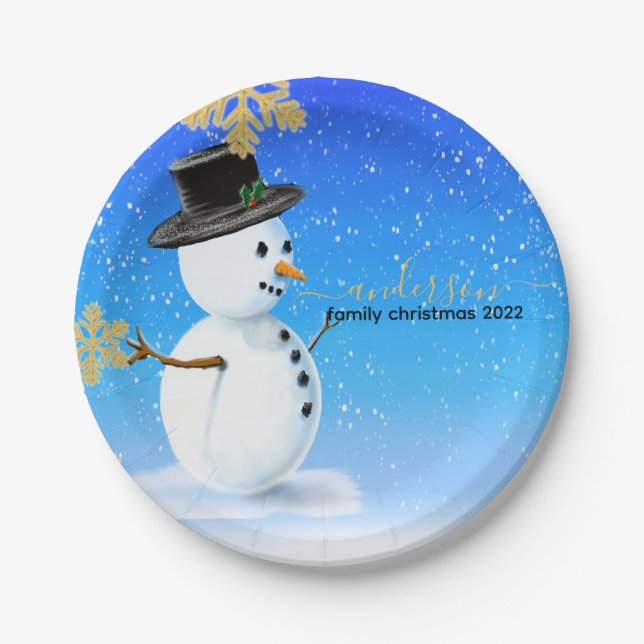 Plato De Papel Navidades de familia con muñecos de nieve (Anverso)