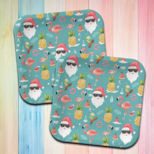 Plato De Papel Navidades de Flamingo Birds Santa Claus en Fiesta 