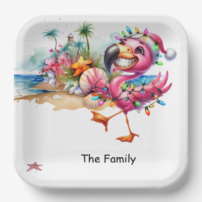 Plato De Papel Navidades de Flamingo en julio en la playa (Anverso)
