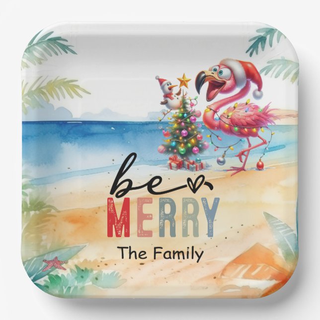 Plato De Papel Navidades de Flamingo en julio en la playa (Anverso)