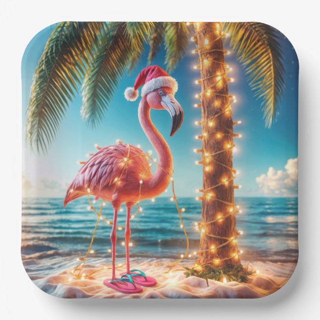 Plato De Papel Navidades De Flamingo Rosa En Luces Tangulares (Anverso)