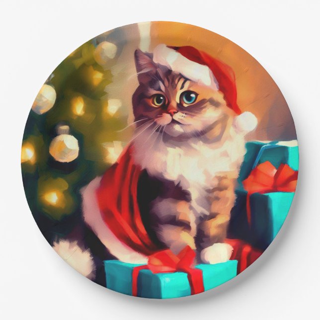 Plato De Papel Navidades de gato pintados (Anverso)