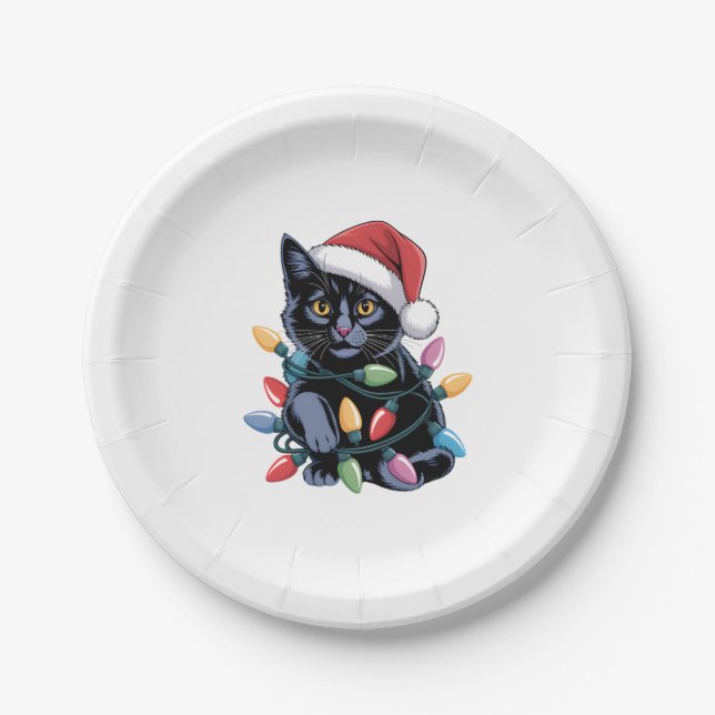 Plato De Papel Navidades de gatos negros iluminan a curioso amant (Anverso)