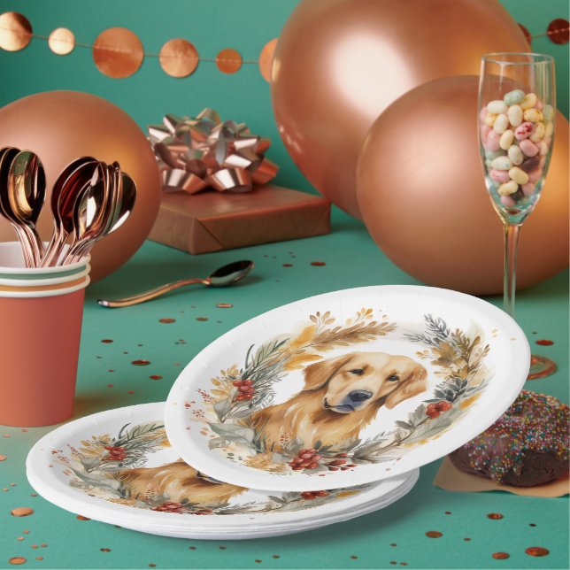 Plato De Papel Navidades de Golden Retriever Wreath Festial Pup (Multi)
