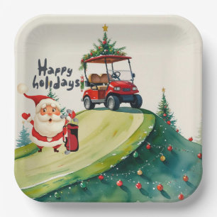 Plato De Papel Navidades de golf con el tema de golf de Santa Cla