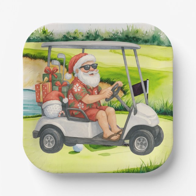 Plato De Papel Navidades de golf con Santa Claus (Anverso)