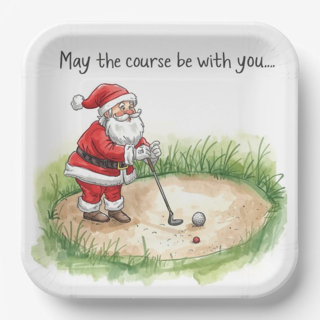 Plato De Papel Navidades de golf con Santa Golfer en el campo de  (Anverso)